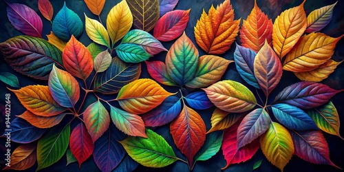 Autumnal Symphony Vibrant Leaves in a Multi-Colored Arrangement on a Dark Background