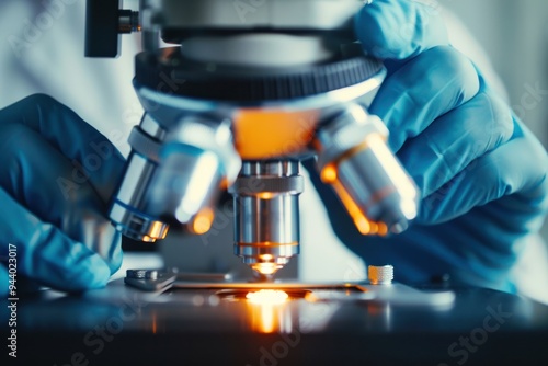 A person is looking through a microscope, examining a small object