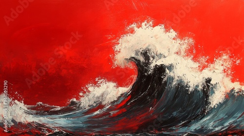 Red and Blue Abstract Ocean Wave Painting