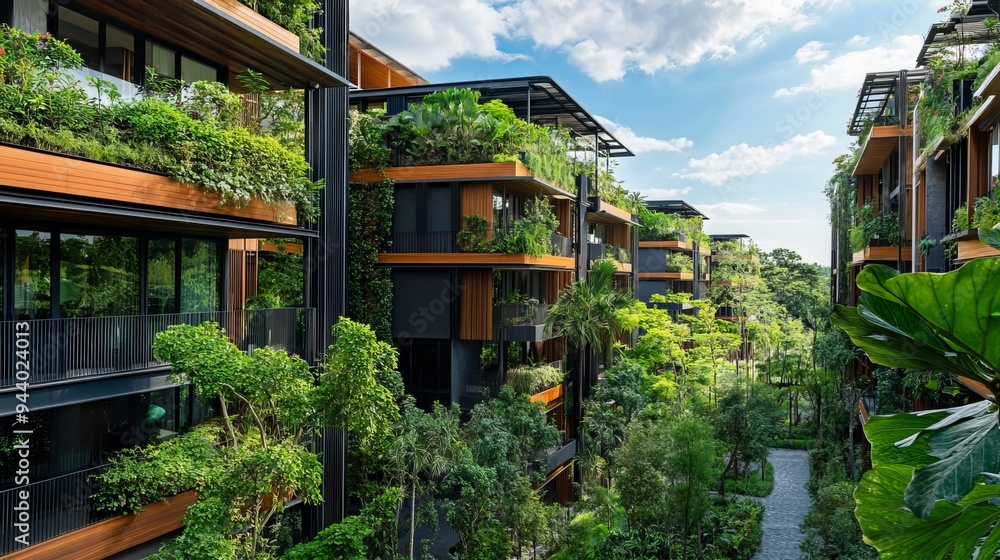 A modern apartment complex stands amidst a verdant oasis, embodying the harmonious coexistence of nature and urban living. Its eco-friendly design prioritizes energy efficiency A modern apartment complex stands amidst a verdant oasis, embodying the harmonious coexistence of nature and urban living. Its eco-friendly design prioritizes energy efficiency