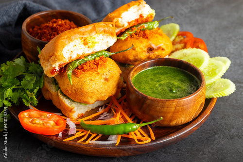 selective focus of Mumbai's famous street food delicious Vada Pav, With coriander leave chutney, tomato sauce, dry garlic chutney and fried chilli.  photo