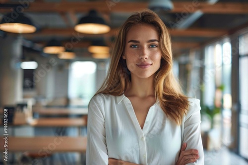 Successful businesswoman standing in creative office and looking at camera while smiling. Portrait of beautiful business woman standing in front of business team at modern agency with copy space.