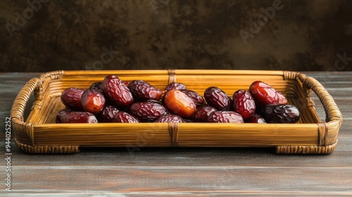 Sukkari Dates Fruits on bamboo tray photo