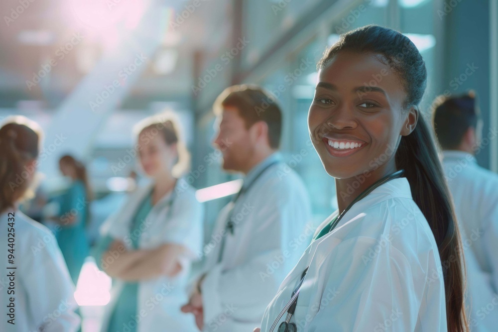 Sunlight falling on happy multiracial medical professionals standing in hospital Sunlight falling on happy multiracial medical professionals standing in hospital