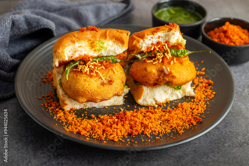 selective focus of Mumbai's famous street food delicious Vada Pav, With coriander leave chutney, tomato sauce, dry garlic chutney and fried chilli.  photo