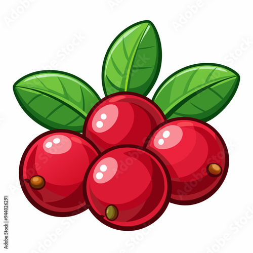 Cartoon Illustration of Four Red Cranberries with Green Leaves