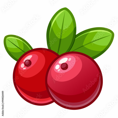 Two Red Cranberries with Green Leaves