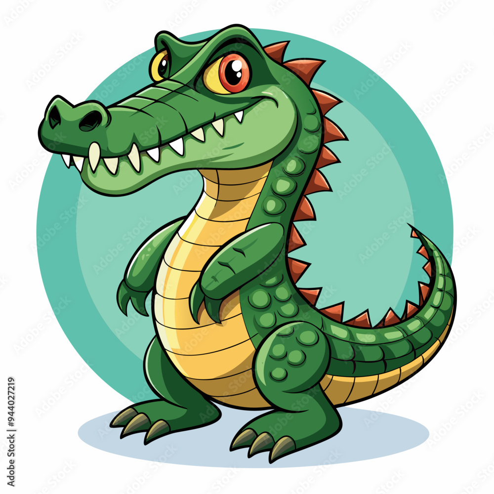 Fototapeta premium Cartoon Green Crocodile with Sharp Teeth and Claws
