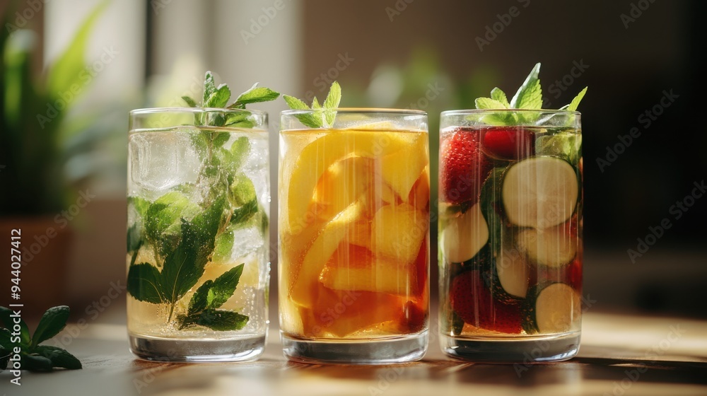 banner showcasing detox water and herbal teas served in elegant glassware, promoting the wellness trend of detox drinks banner showcasing detox water and herbal teas served in elegant glassware, promoting the wellness trend of detox drinks