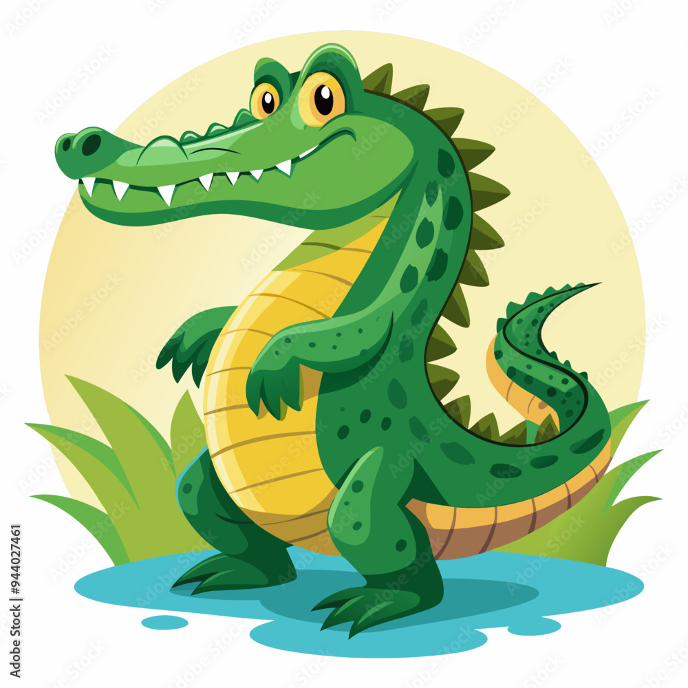 Fototapeta premium Cartoon Alligator Standing In Water With Green Grass