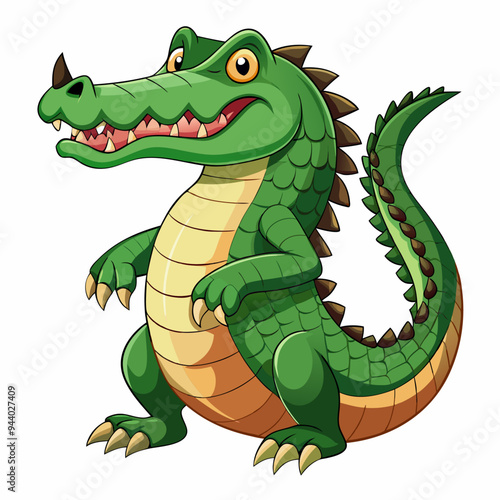 Cartoon illustration of a green crocodile with a toothy grin and sharp claws