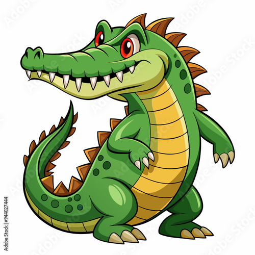 Cartoon Green Crocodile with Red Eyes and Sharp Teeth