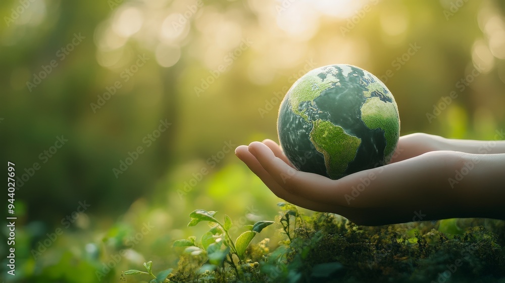 A hand holds a small globe amidst greenery, symbolizing environmental care and awareness. A hand holds a small globe amidst greenery, symbolizing environmental care and awareness.