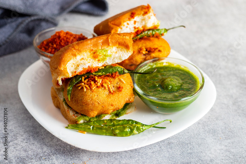 selective focus of Mumbai's famous street food delicious Vada Pav, With coriander leave chutney, tomato sauce, dry garlic chutney and fried chilli. 