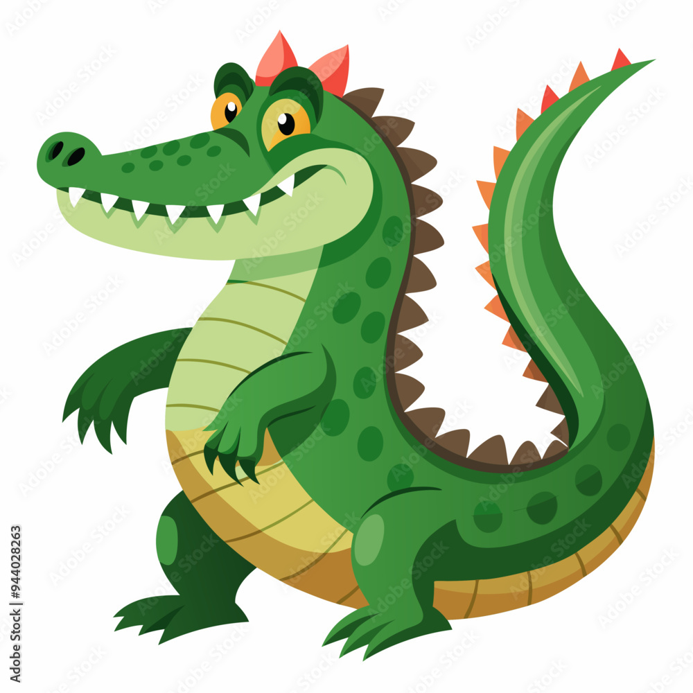 Obraz premium Cartoon Green Crocodile with Red Spikes and Sharp Teeth