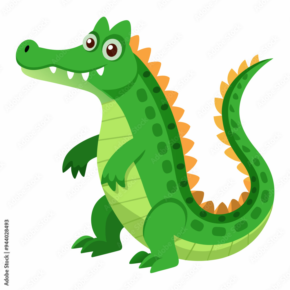Cartoon Green Crocodile with Orange Spikes and Large Eyes Cartoon Green Crocodile with Orange Spikes and Large Eyes
