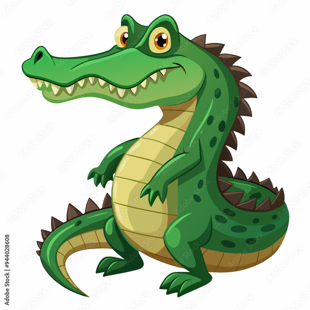 Naklejka premium Cartoon Illustration of a Green Crocodile with Sharp Teeth and Spikes