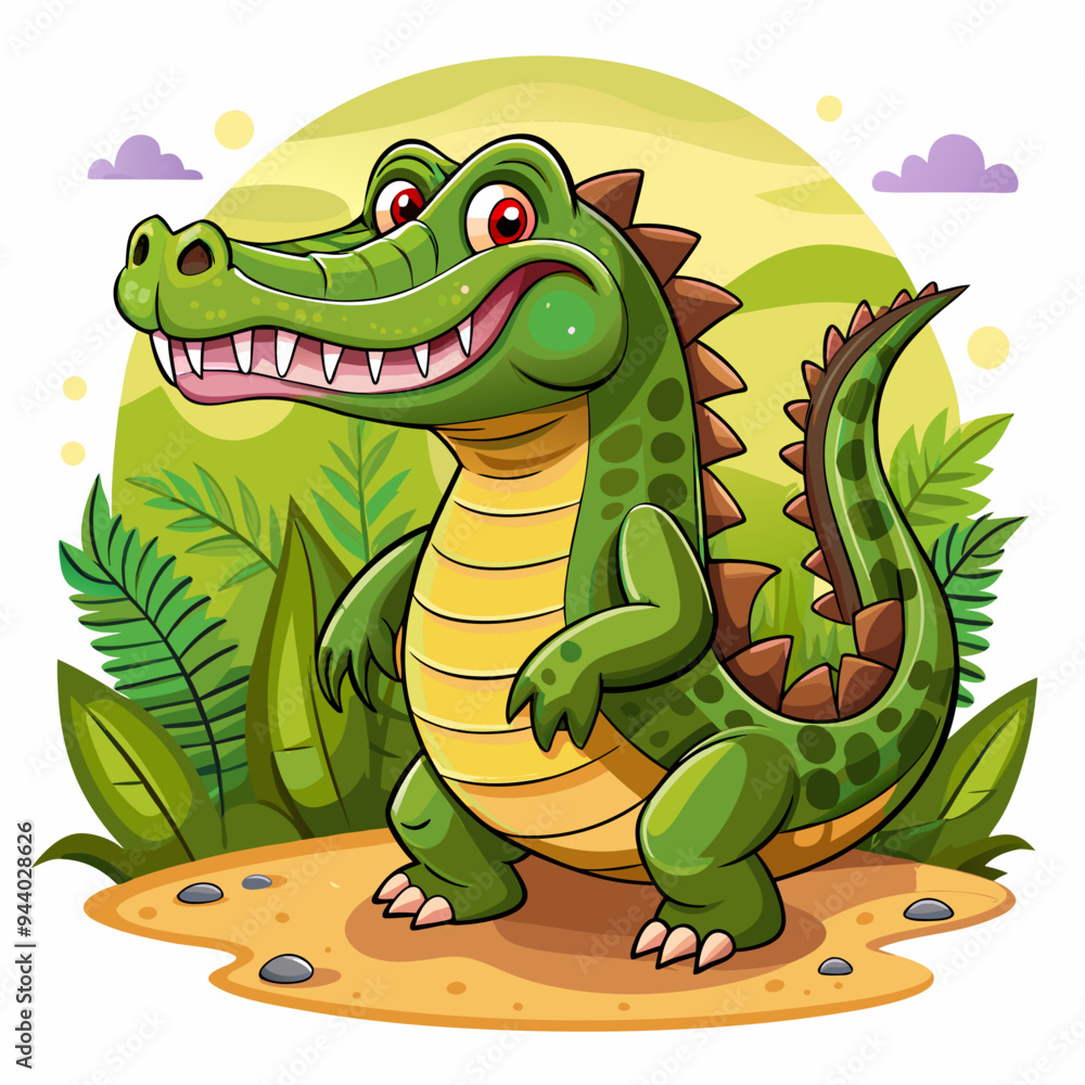 Obraz premium A Smiling Green Crocodile with Spikes on its Back in a Jungle Setting