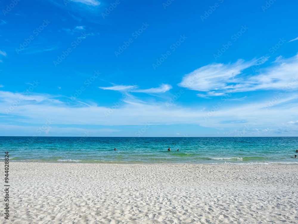 Seascape view with white sand, quiet beach, clear sea water, blue sky in summer of Koh Samet (Samet Isalnd) in Thailand Seascape view with white sand, quiet beach, clear sea water, blue sky in summer of Koh Samet (Samet Isalnd) in Thailand