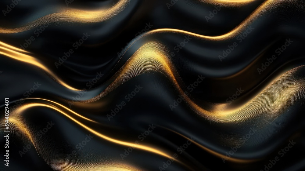 Fototapeta premium Abstract background with realistic golden and black wavy fluid shape. Interwined gold stripes. Generative AI