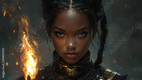 A powerful warrior princess holds a torch, exuding bravery and leadership. This fantasy black queen portrait depicts a strong and empowered female figure.