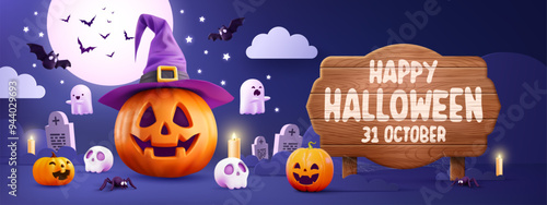 Halloween Promotion Poster or banner template.Halloween night seen with big Moon, Pumpkin ghost,Wizard Hat,cute ghost,cartoon skull and halloween wood sign board.Website spooky or banner template