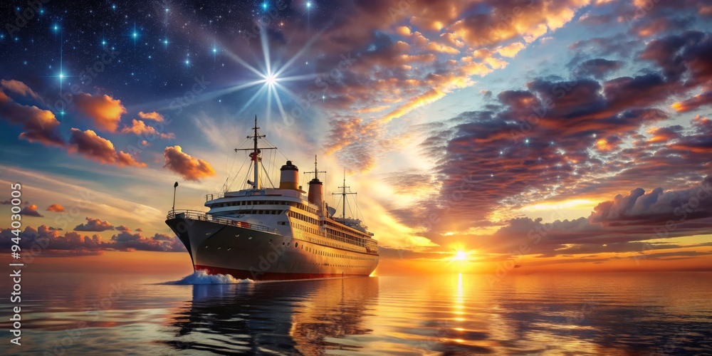 Fototapeta premium Cruising Through a Starry Sunset - A majestic cruise ship cuts through the deep blue waters, bathed in the golden glow of a fiery
