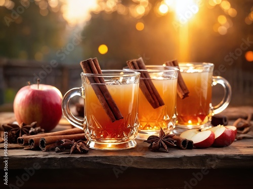 Warm spiced apple drinks served in clear mugs with cinnamon sticks during a sunset in an outdoor setting