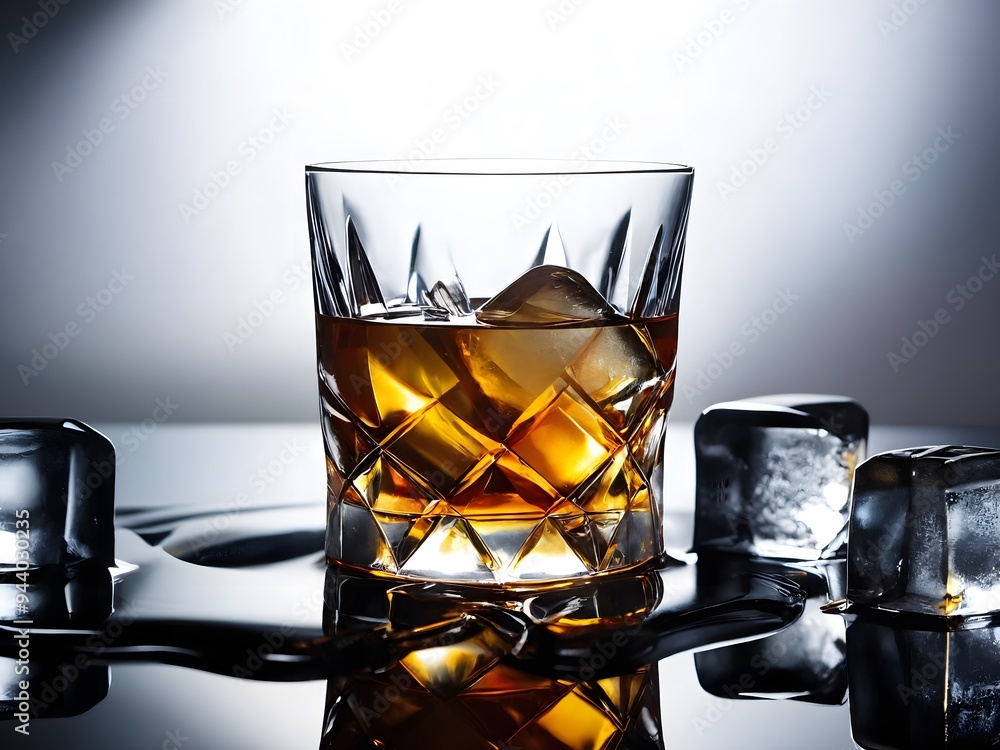 A glass of whiskey on a reflective surface with ice cubes glistening in soft light, exuding warmth and sophistication A glass of whiskey on a reflective surface with ice cubes glistening in soft light, exuding warmth and sophistication