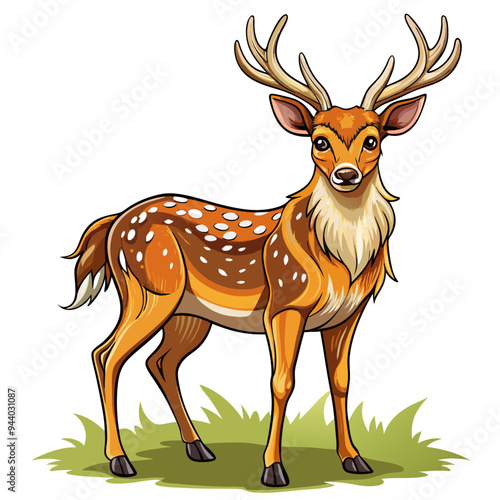 A Cartoon Illustration of a Spotted Deer with Antlers Standing in Grass