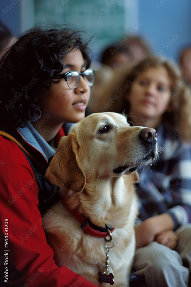 Compassionate Tutor with Guide Dog Helping Visually Impaired Students in Inclusive Classroom Setting Compassionate Tutor with Guide Dog Helping Visually Impaired Students in Inclusive Classroom Setting