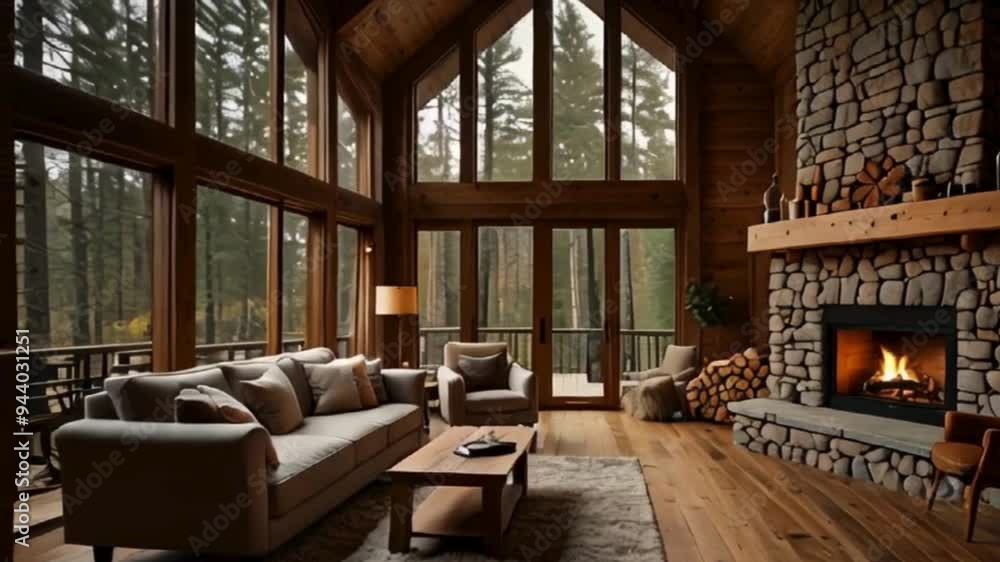 Cozy Cabin Living Room with Fireplace and Forest View Cozy Cabin Living Room with Fireplace and Forest View
