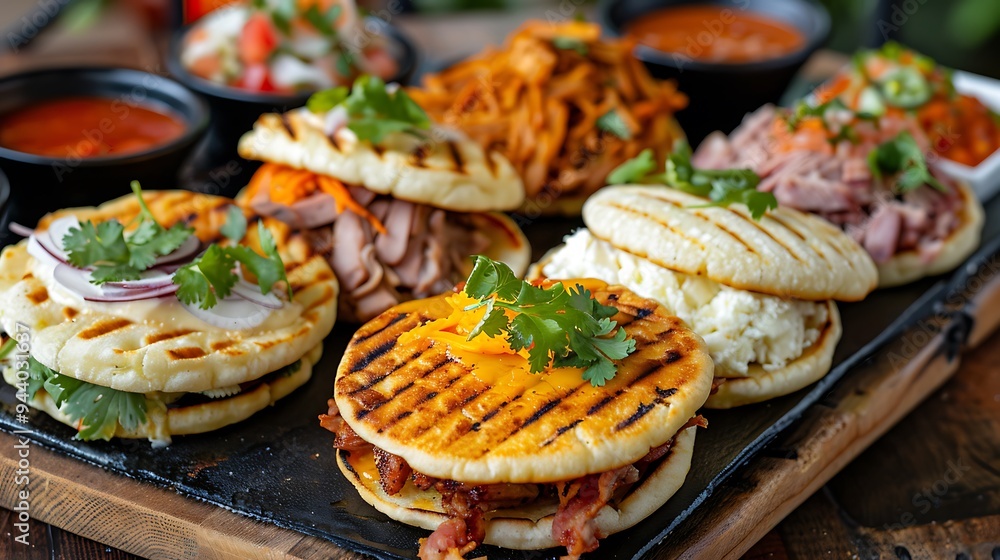 Grilled Arepas with Chicken, beef and Ham topping Grilled Arepas with Chicken, beef and Ham topping