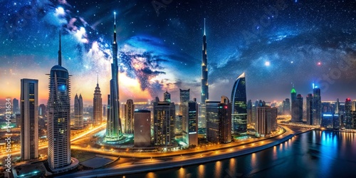 Dubai Skyline Under a Starry Night A Digital Composite of Urban Landscape and Celestial Beauty photo