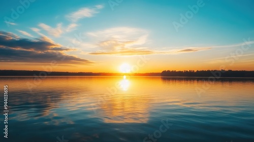 sunset at coast of the lake. Nature landscape. Nature in northern Europe. reflection, blue sky and yellow sunlight. landscape during sunset.