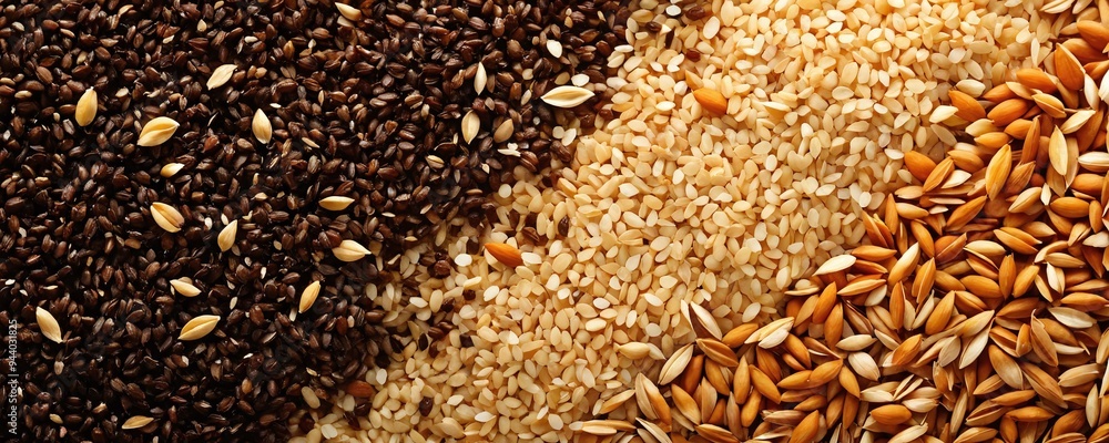 Obraz premium A vibrant assortment of various seeds displayed on a textured surface, showcasing their natural colors and shapes