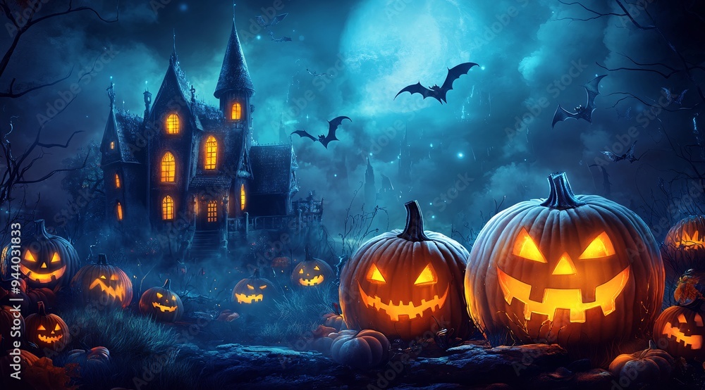 Spooky Halloween Night Scene with Haunted House and Full Moon Spooky Halloween Night Scene with Haunted House and Full Moon