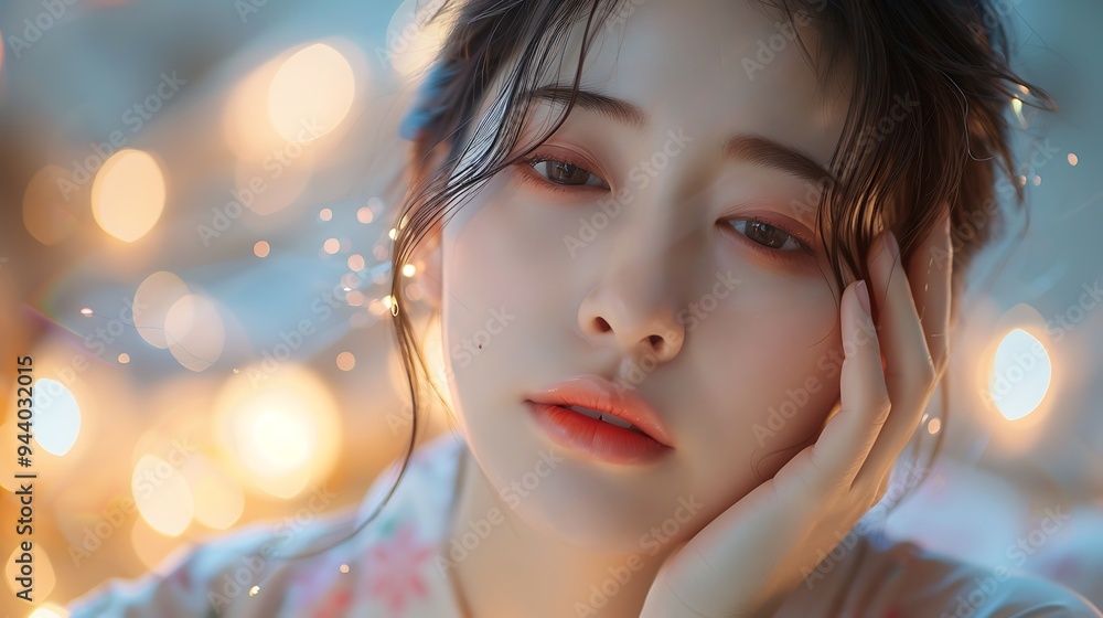 A Japanese skincare model applying night cream, soft dim lighting, serene expression, elegant silk pajamas, background with gentle warm light, hd quality, natural look, peaceful nighttime atmosphere, A Japanese skincare model applying night cream, soft dim lighting, serene expression, elegant silk pajamas, background with gentle warm light, hd quality, natural look, peaceful nighttime atmosphere,