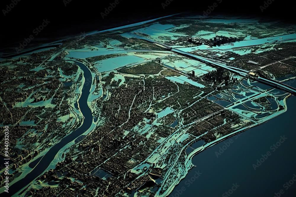 Technical aerial visual, 3D LiDAR GIS aerial map satellite scan model ...