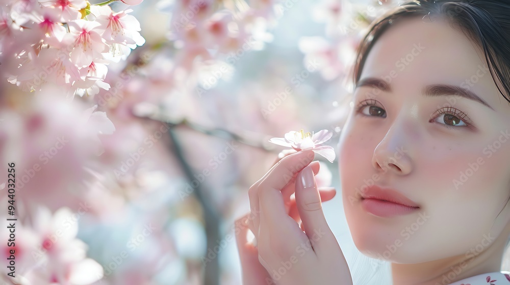 A Japanese skincare model applying serum with cherry blossoms in the background, traditional kimono, serene expression, natural lighting, hd quality, natural look, soft pink petals, delicate beauty, A Japanese skincare model applying serum with cherry blossoms in the background, traditional kimono, serene expression, natural lighting, hd quality, natural look, soft pink petals, delicate beauty,
