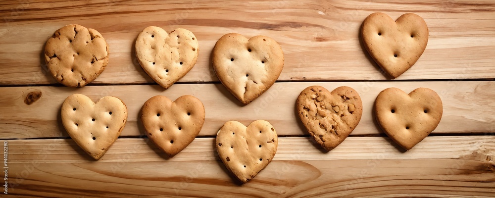 Heart-shaped cookies arranged neatly on a wooden surface, showcasing a playful baking activity and creative designs Heart-shaped cookies arranged neatly on a wooden surface, showcasing a playful baking activity and creative designs