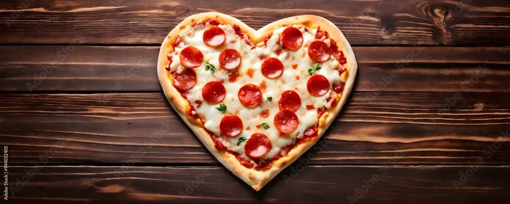 Delicious heart-shaped pepperoni pizza on a wooden table ready to be enjoyed at a cozy dinner gathering Delicious heart-shaped pepperoni pizza on a wooden table ready to be enjoyed at a cozy dinner gathering