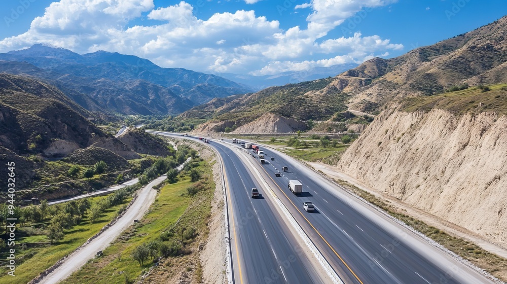 An asphalt road winds through a mountainous landscape, with vehicles of various sizes traversing its surface. A paved highway stretches out for transportation An asphalt road winds through a mountainous landscape, with vehicles of various sizes traversing its surface. A paved highway stretches out for transportation