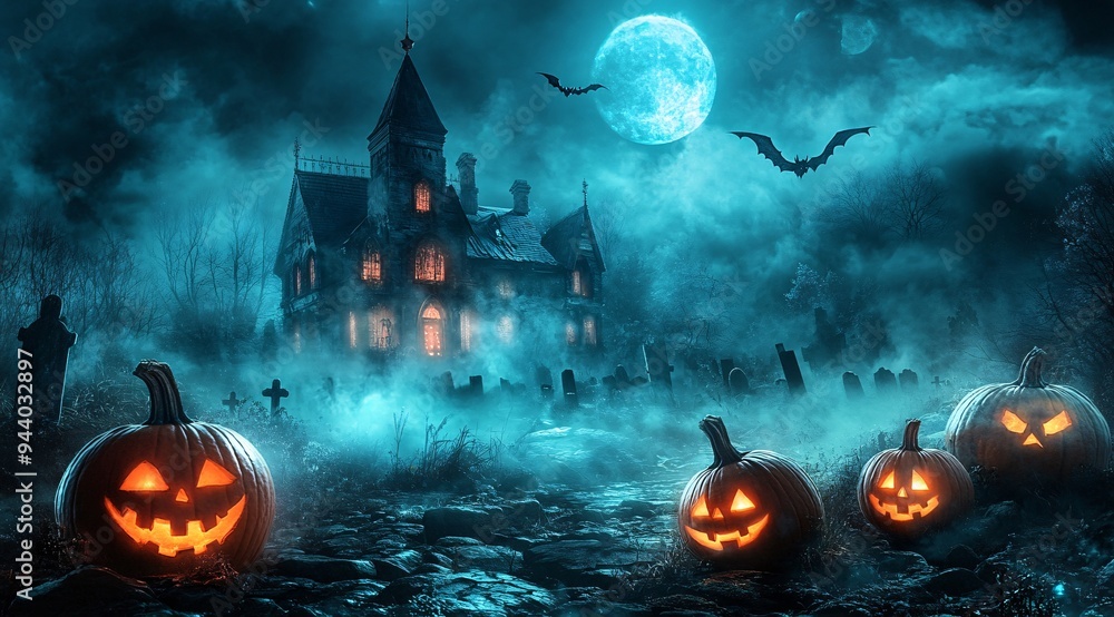 Spooky Halloween Night Scene with Haunted House and Full Moon