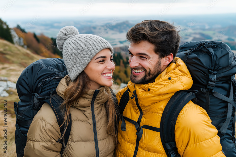 Joyful Hiking Adventure: A Beautiful Couple's Moment Joyful Hiking Adventure: A Beautiful Couple's Moment