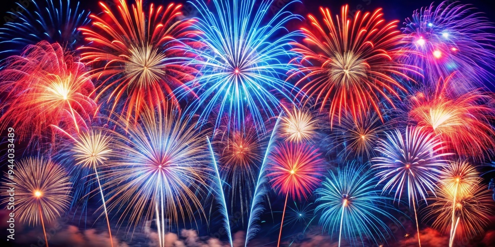 Fireworks Symphony A vibrant spectacle of red, blue, and purple bursts against a dark night sky, capturing the essence of Fireworks Symphony A vibrant spectacle of red, blue, and purple bursts against a dark night sky, capturing the essence of