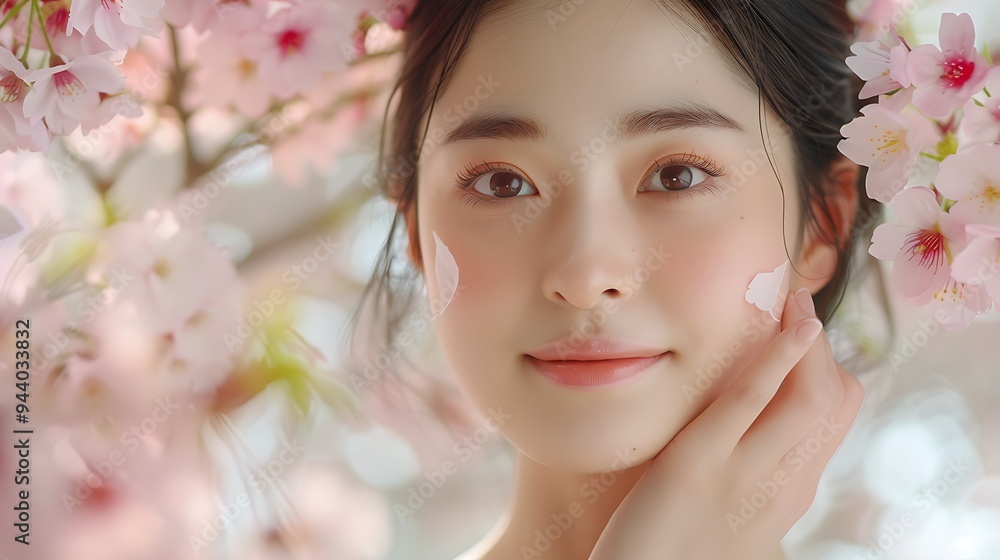 Close-up of a Japanese skincare model applying moisturizer, cherry blossoms in the background, soft natural light, calm expression, hd quality, natural look, pink petals, cultural elegance, Close-up of a Japanese skincare model applying moisturizer, cherry blossoms in the background, soft natural light, calm expression, hd quality, natural look, pink petals, cultural elegance,