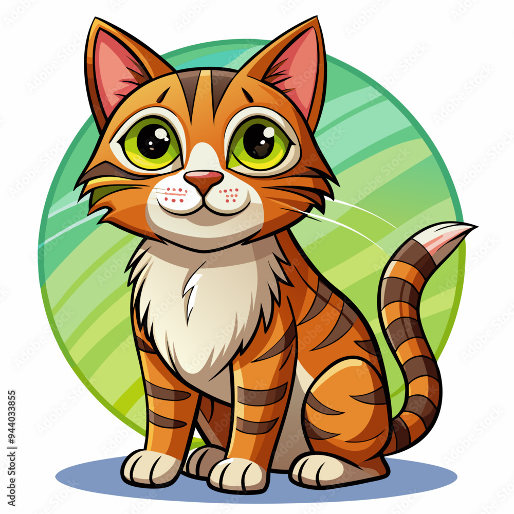 Fototapeta premium Cartoon Illustration of a Cute Tabby Cat with Big Green Eyes Sitting