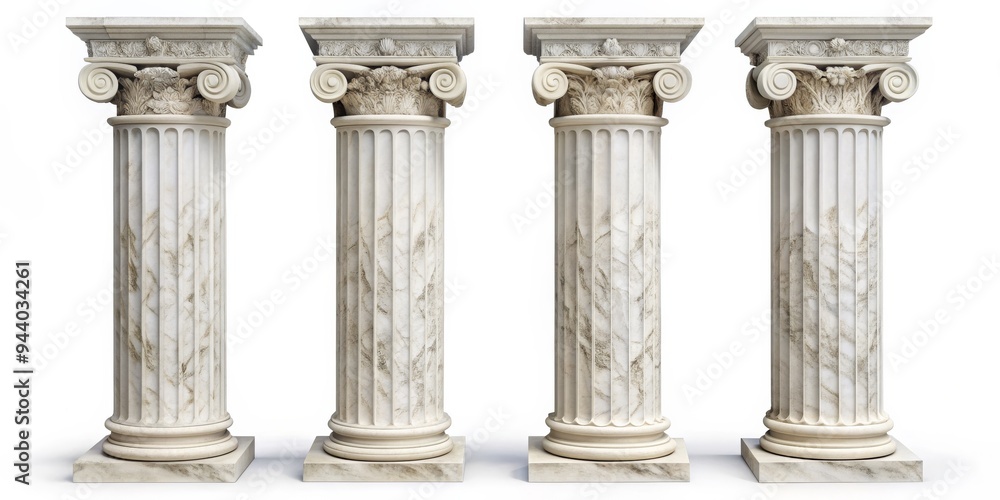 Four Marble Columns, 3D Render, White Background, Classic Architecture, Ancient Greece, Pillars, Ionic Order Four Marble Columns, 3D Render, White Background, Classic Architecture, Ancient Greece, Pillars, Ionic Order