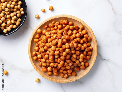 Crispy roasted chickpeas served in a wooden bowl on a marble countertop with a bowl of dry chickpeas nearby